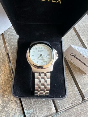 Genevex Silver Watch with White Dial and Green Accents